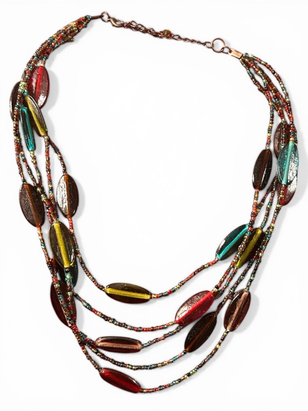 Multi-Strand Glass Bead Statement Necklace in Red, Teal & Gold
